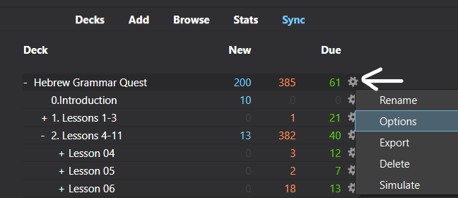 Anki Deck Options