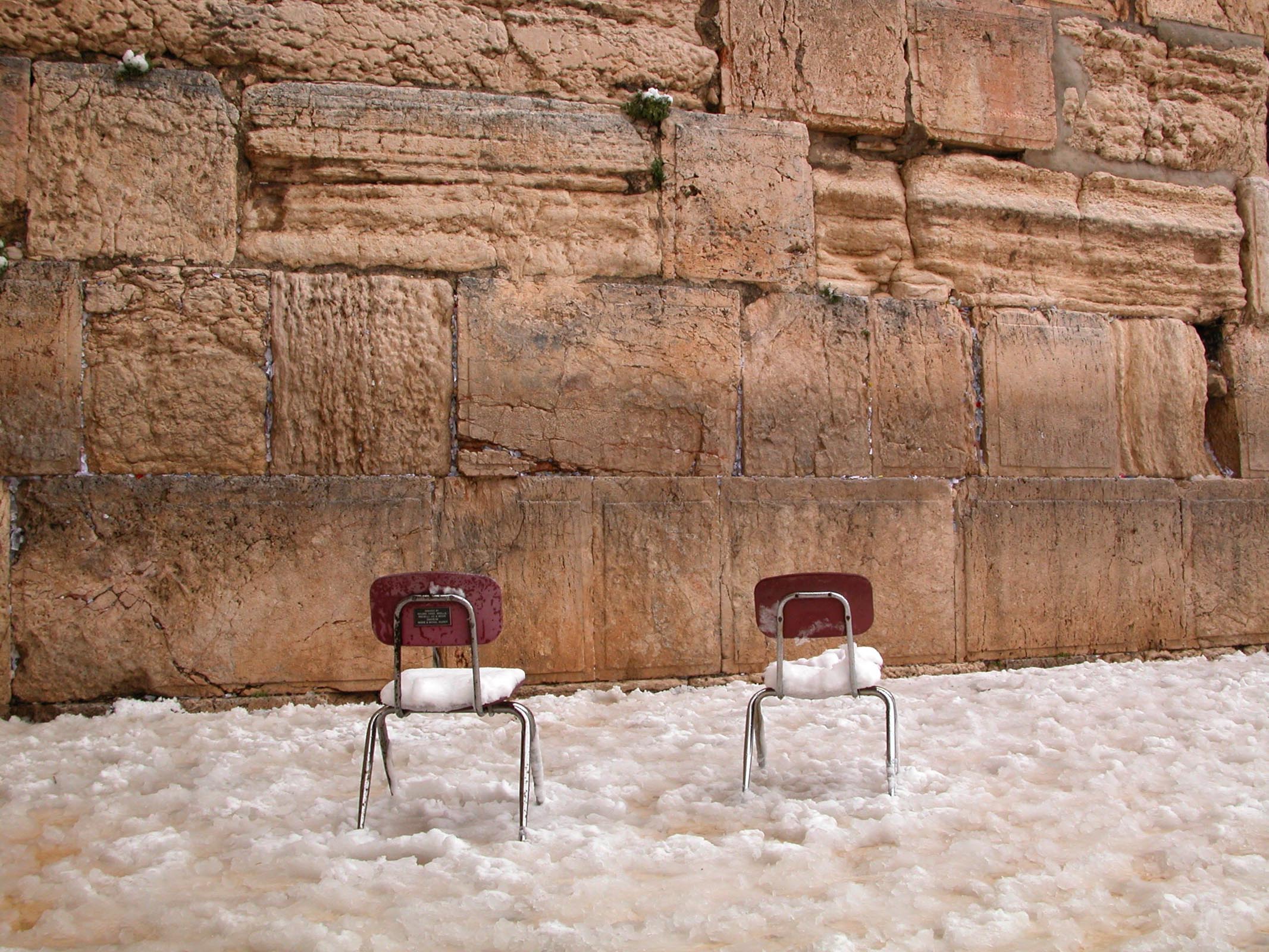 Western Wall with Chairs and Snow. Courtesy of the [Pictorial Library of Bible Lands](https://www.bibleplaces.com)