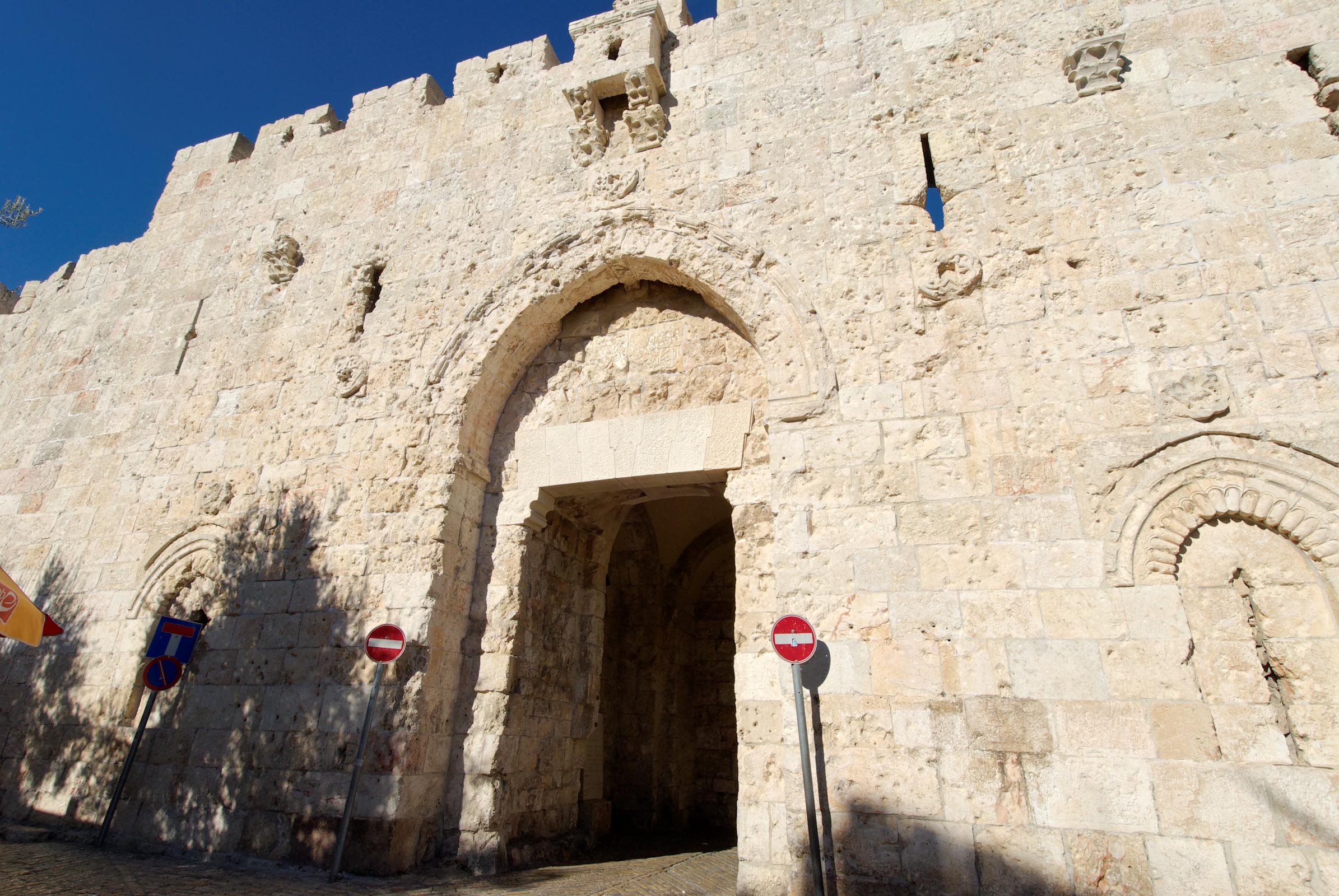 Zion Gate from the south.  The pockmarks in the walls are remnants of the 1967 war to liberate the Old City.  This time, the gate was battered but held! Courtesy of the [Pictorial Library of Bible Lands](https://www.bibleplaces.com)